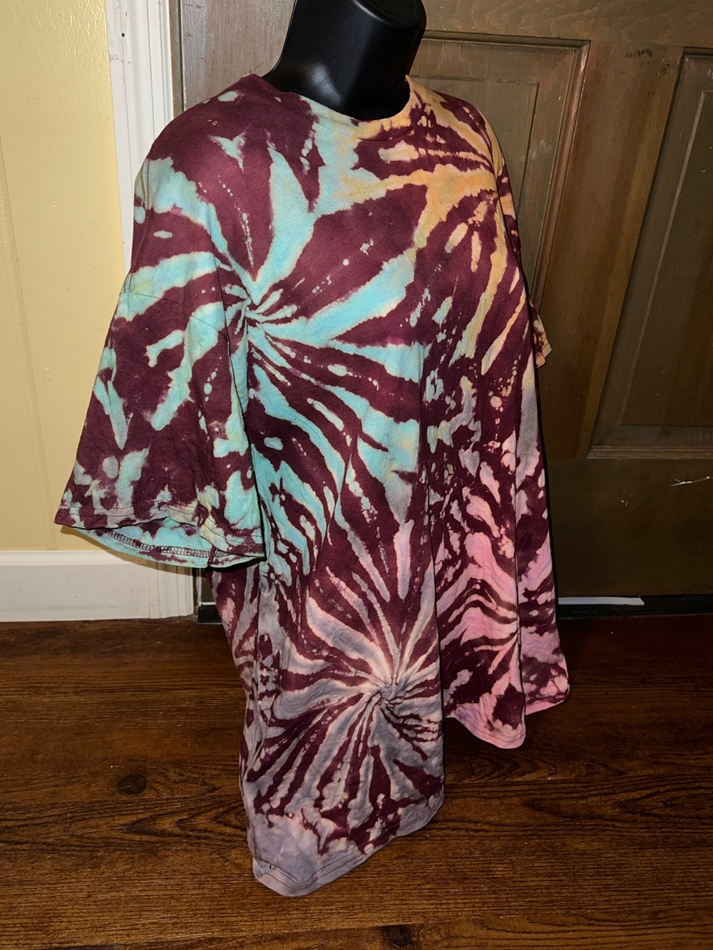Burgundy Multicolor Tie Dye Firework Retro Handmade Short Sleeve Shirt Size XL - Picture 5 of 10